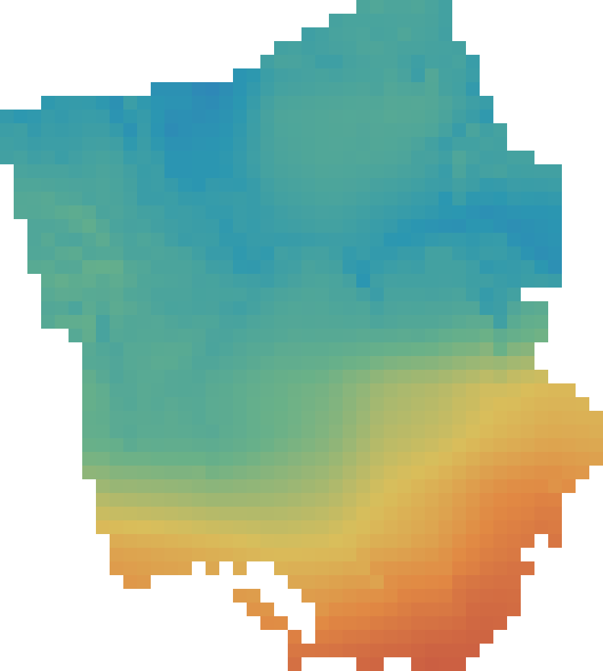 Colour map of modelled annual solar electricity output across St Catherine. Output is generally higher across the southern coastal plain and lower toward the northern hills.
